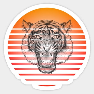 Retro Growling Tiger On A 80's Sun Background Sticker